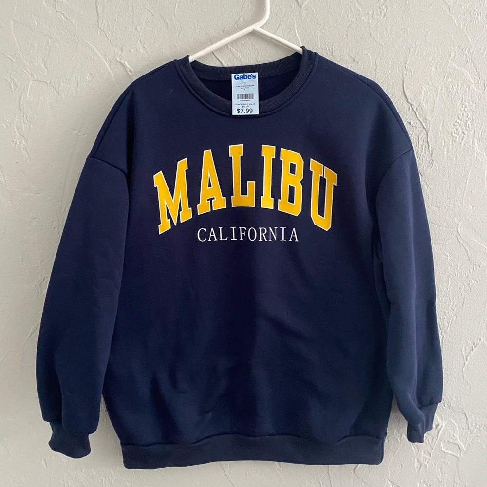 Blue Crewneck Sweater with Malibu California Print